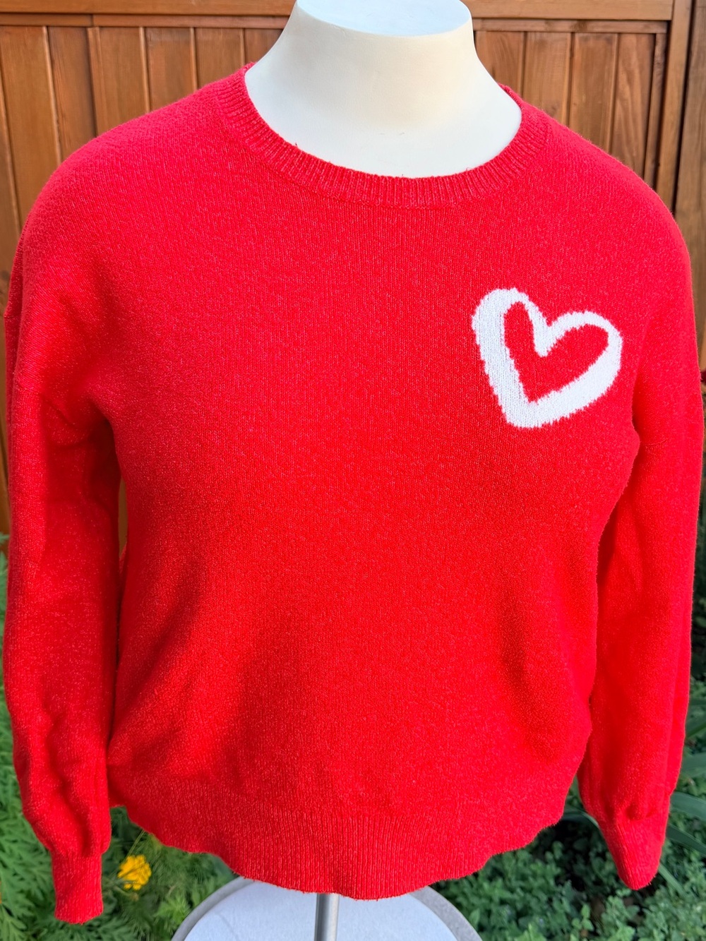 LOFT Red Crewneck Sweater with White Heart Accent
